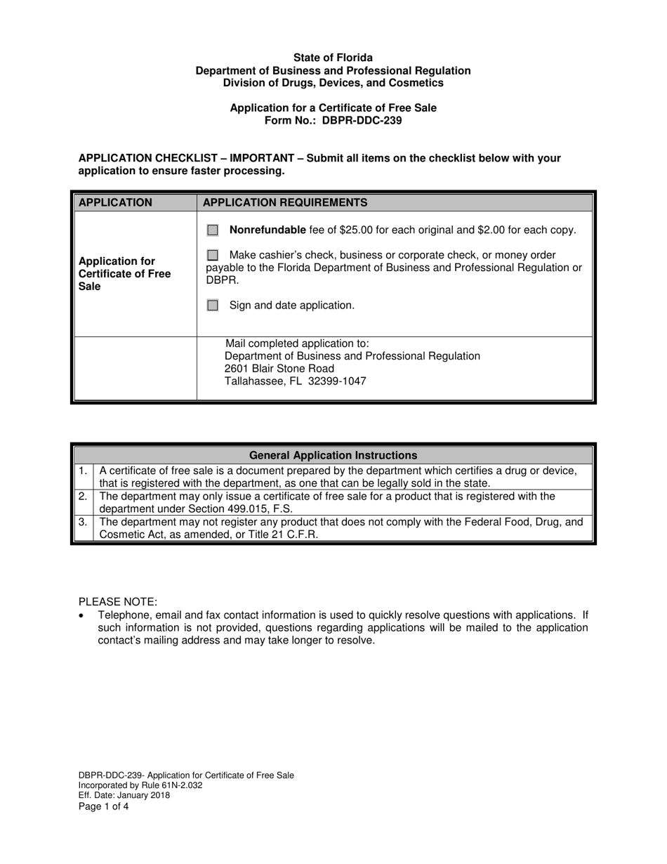 Form DBPR-DDC-239 Application for a Certificate of Free Sale - Florida, Page 1