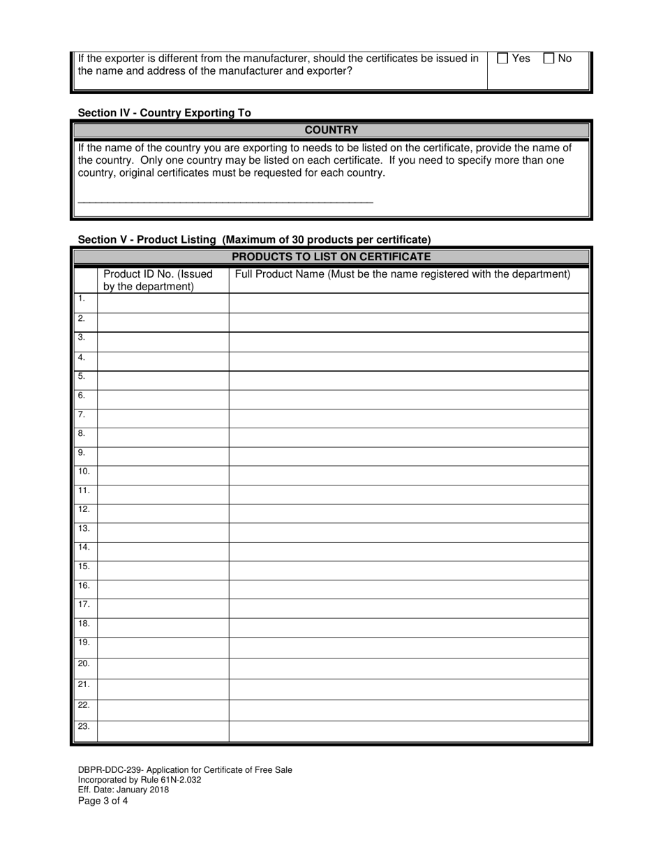 Form DBPR-DDC-239 Application for a Certificate of Free Sale - Florida, Page 3