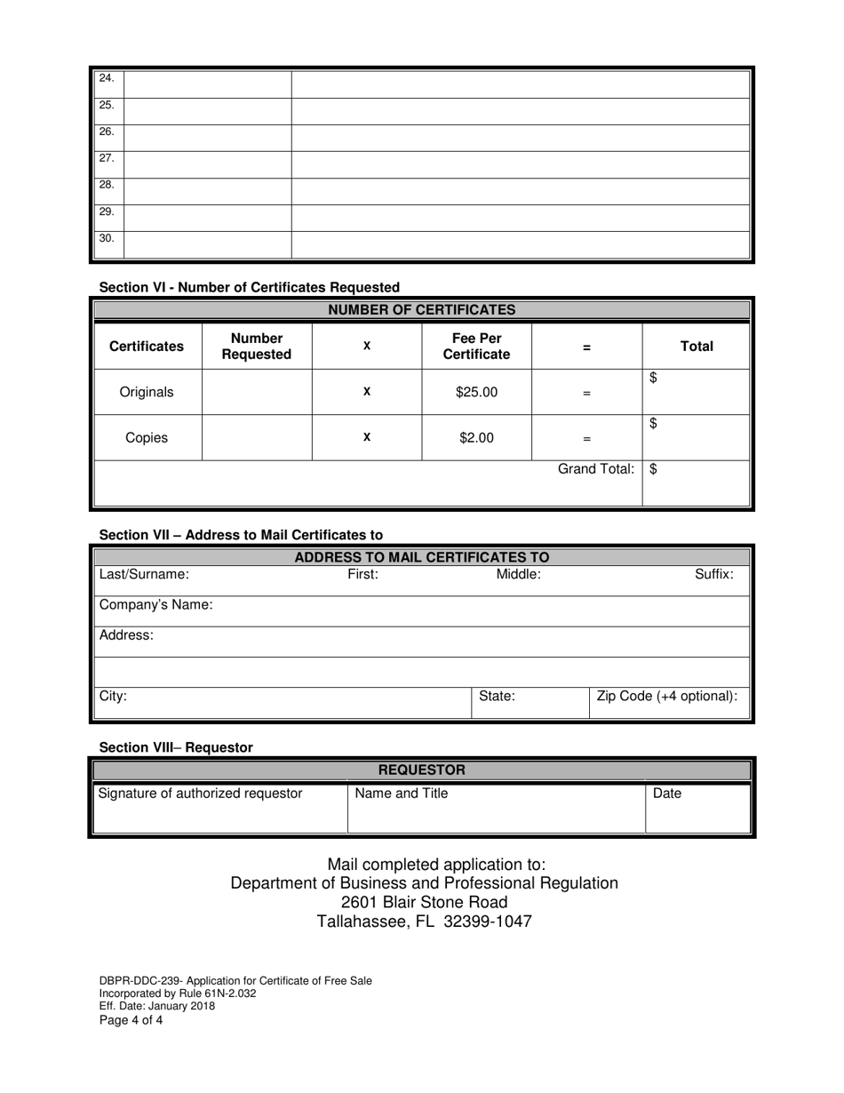Form DBPR-DDC-239 Application for a Certificate of Free Sale - Florida, Page 4