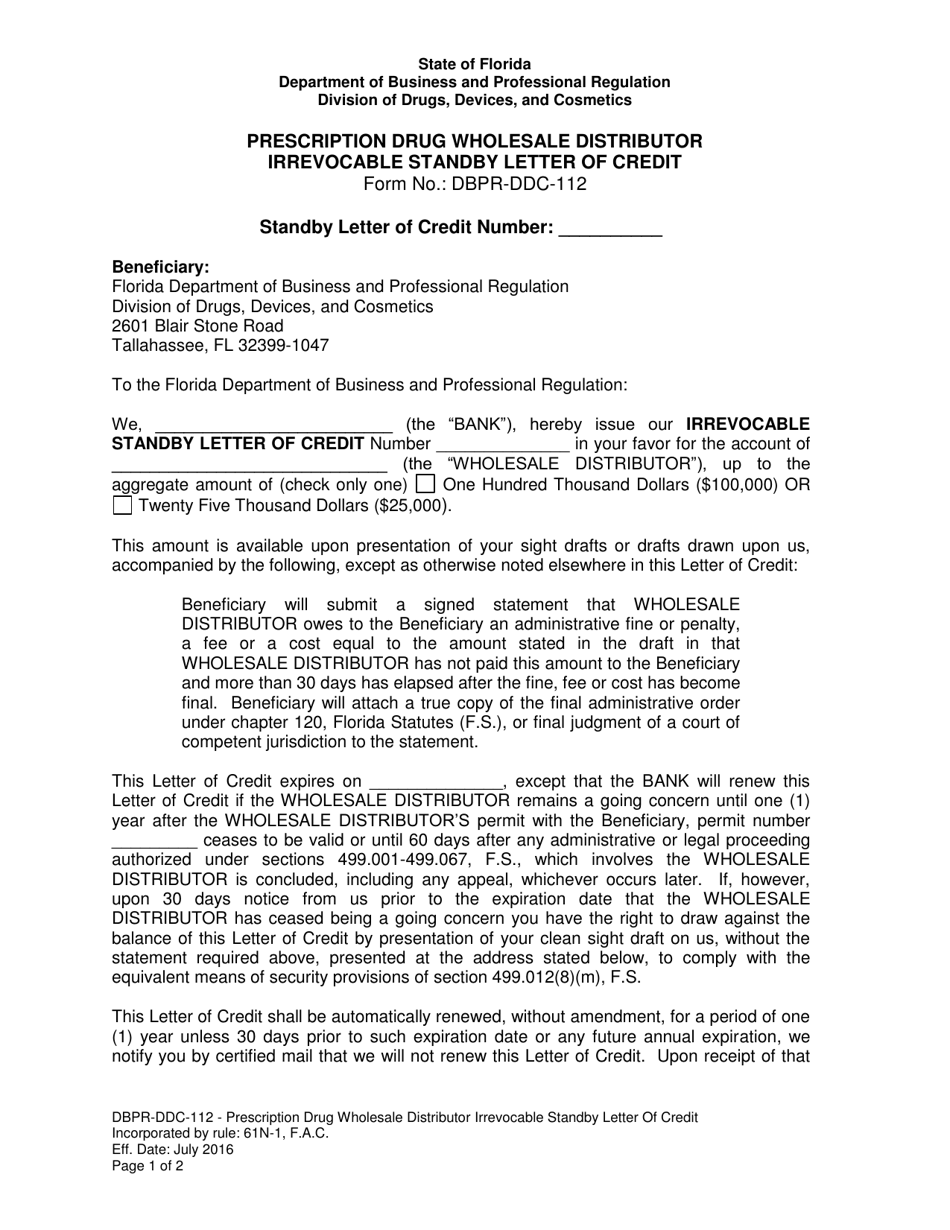 Form DBPR-DDC-112 Prescription Drug Wholesale Distributor Irrevocable Standby Letter of Credit - Florida, Page 1