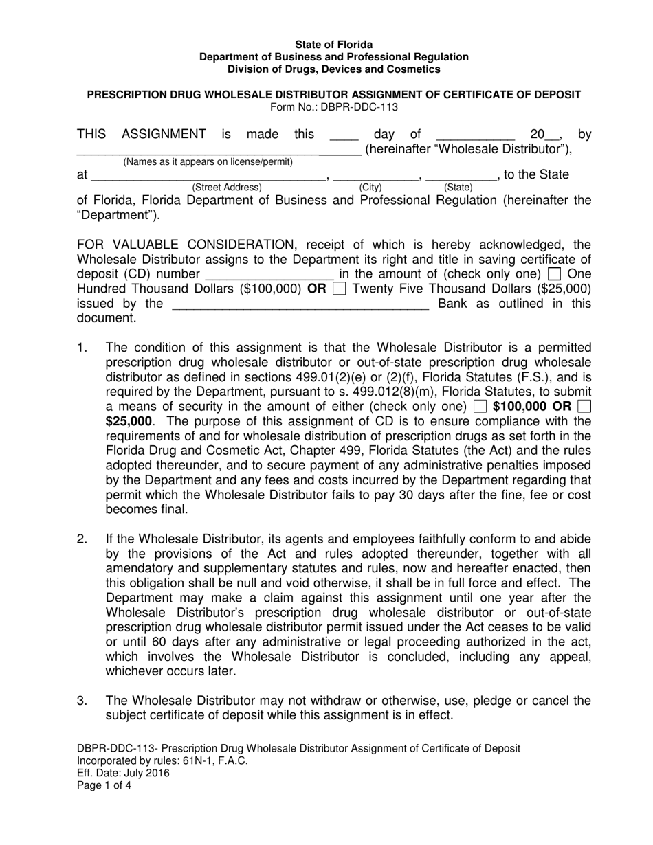 Form DBPR-DDC-113 Prescription Drug Wholesale Distributor Assignment of Certificate of Deposit - Florida, Page 1