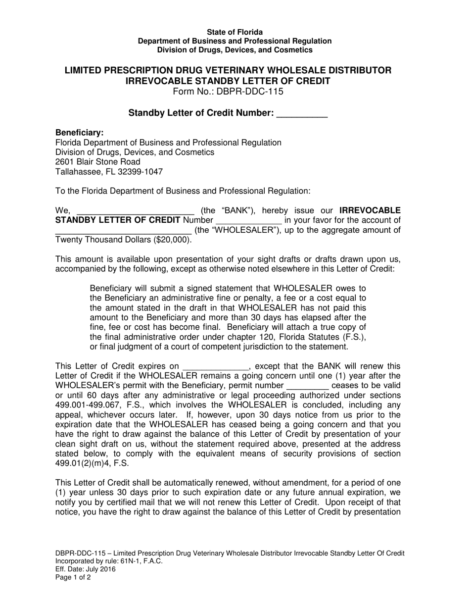 Form DBPR-DDC-115 Limited Prescription Drug Veterinary Wholesale Distributor Irrevocable Standby Letter of Credit - Florida, Page 1