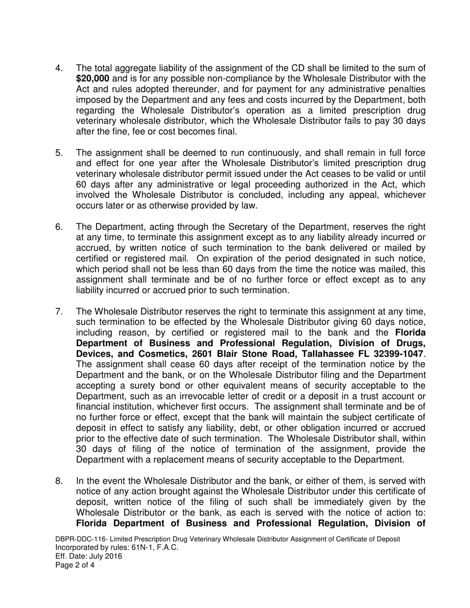 Form DBPR-DDC-116 Limited Prescription Drug Veterinary Wholesale Distributor Assignment of Certificate of Deposit - Florida, Page 2
