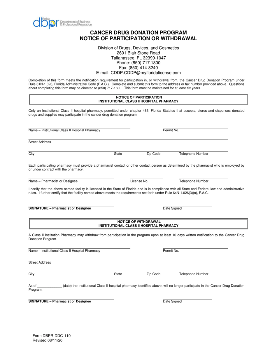 Form DBPR-DDC-119 Notice of Participation or Withdrawal - Cancer Drug Donation Program - Florida, Page 1