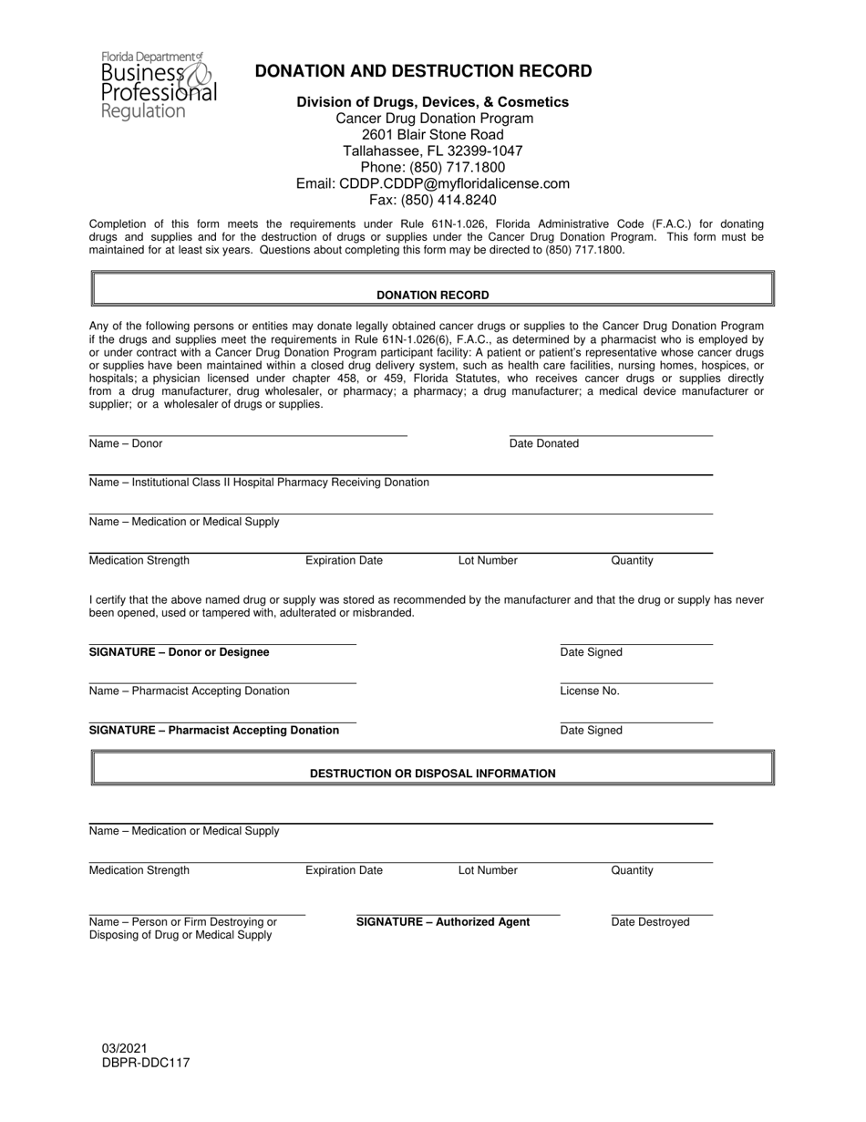 Form DBPR-DDC-117 Donation and Destruction Record - Florida, Page 1