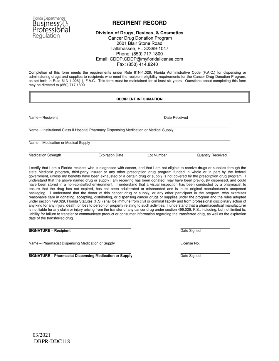 Form DBPR-DDC-118 Recipient Record - Florida, Page 1