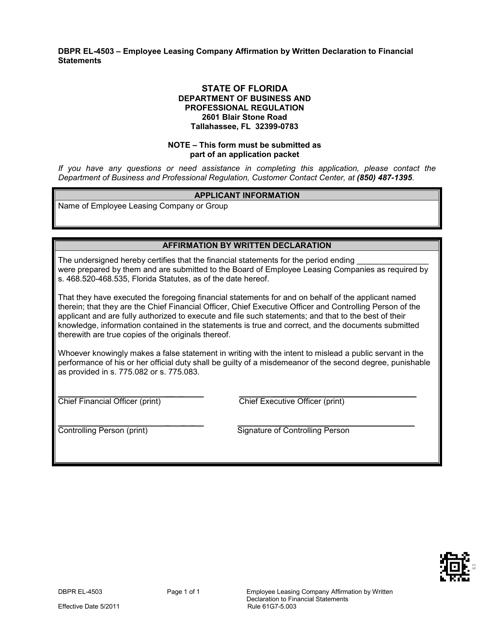 DBPR Form EL-4503 Employee Leasing Company Affirmation by Written Declaration to Financial Statements - Florida