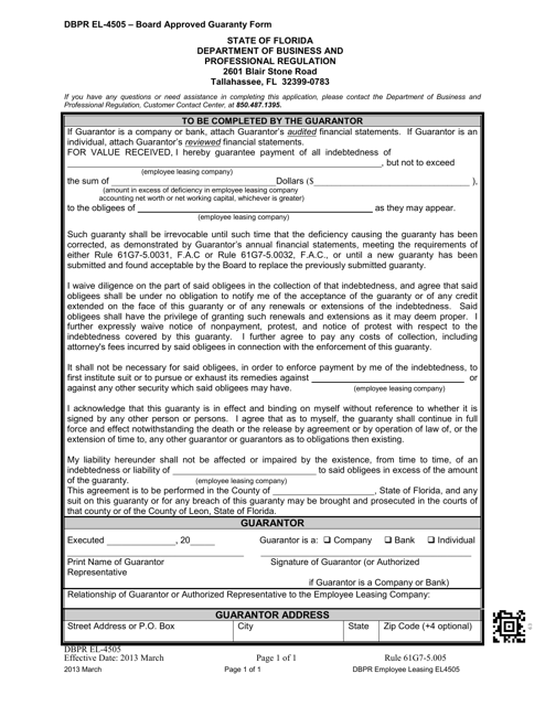 DBPR Form EL-4505 Board Approved Guaranty Form - Florida