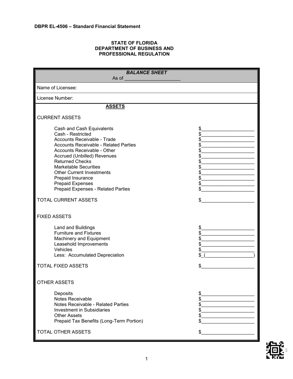 DBPR Form EL-4506 Standard Financial Statement - Florida, Page 1