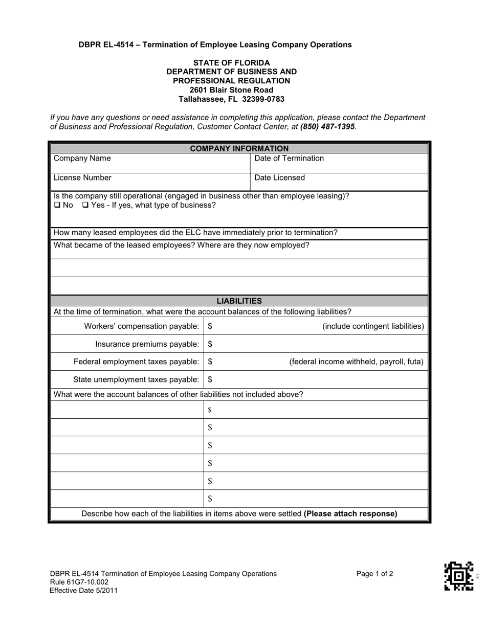 DBPR Form EL-4514 Termination of Employee Leasing Company Operations - Florida, Page 1