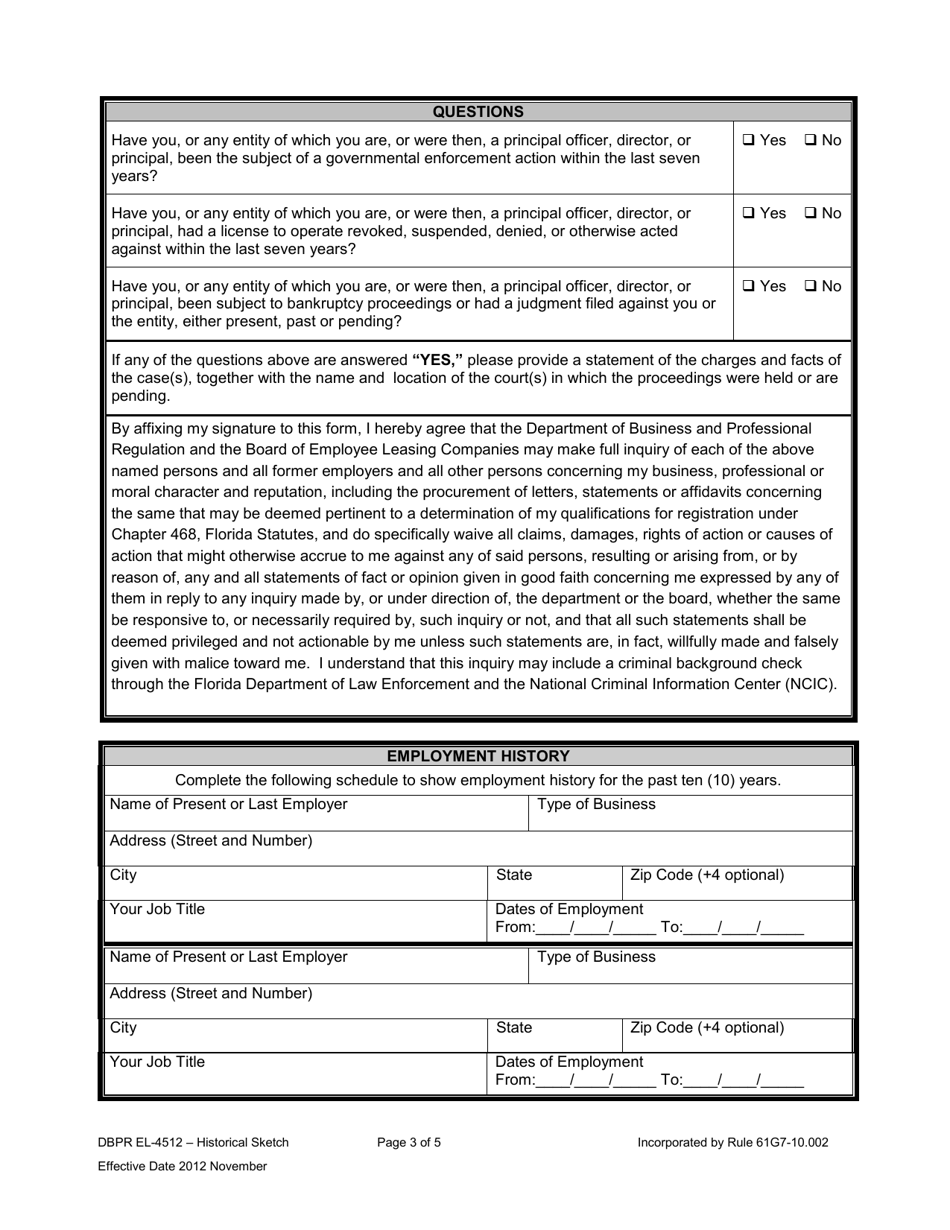 DBPR Form EL-4512 Historical Sketch - Florida, Page 3