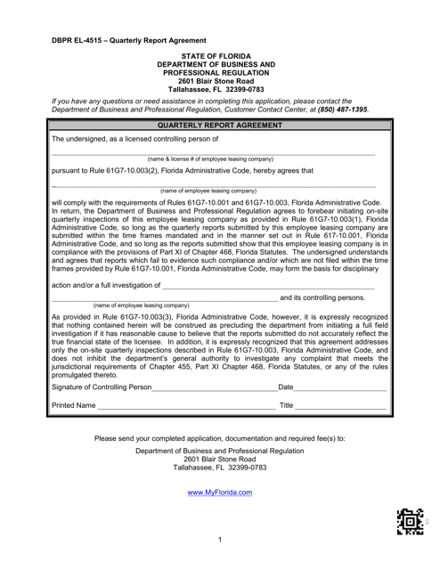 DBPR Form EL-4515 Quarterly Report Agreement - Florida