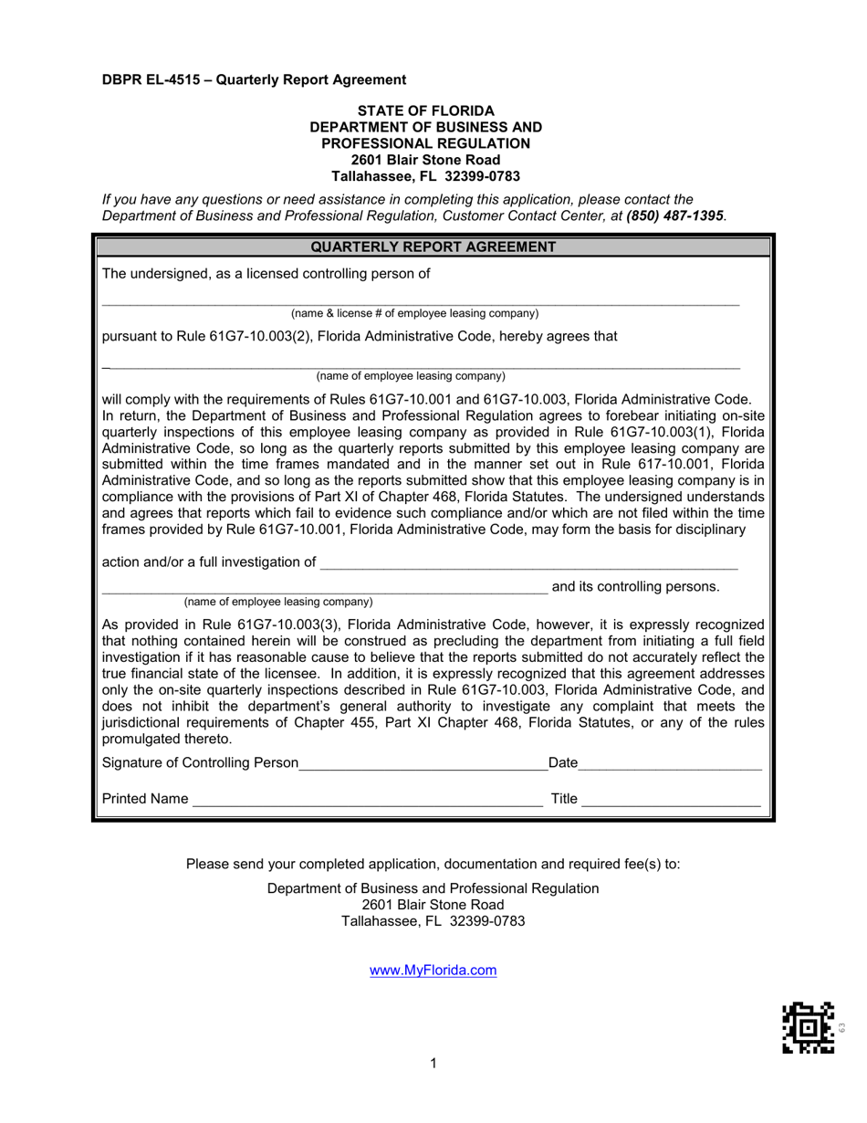 DBPR Form EL-4515 Quarterly Report Agreement - Florida, Page 1