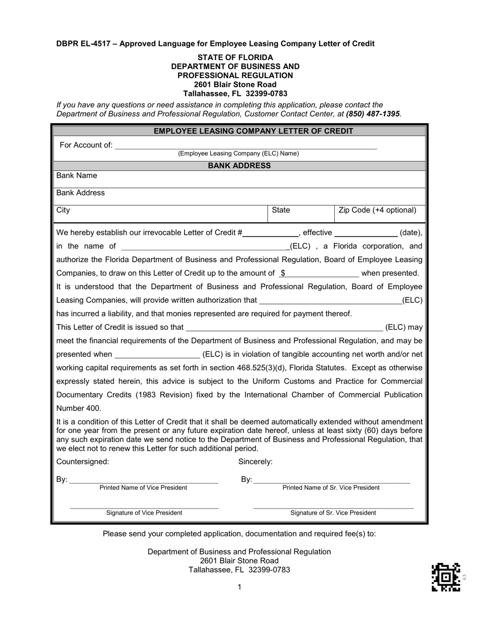 DBPR Form EL-4517 Approved Language for Employee Leasing Company Letter of Credit - Florida, Page 1