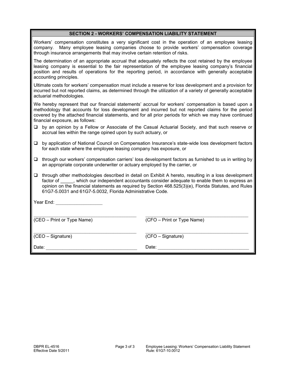 DBPR Form EL-4516 Workers Compensation Liability Statement - Florida, Page 3