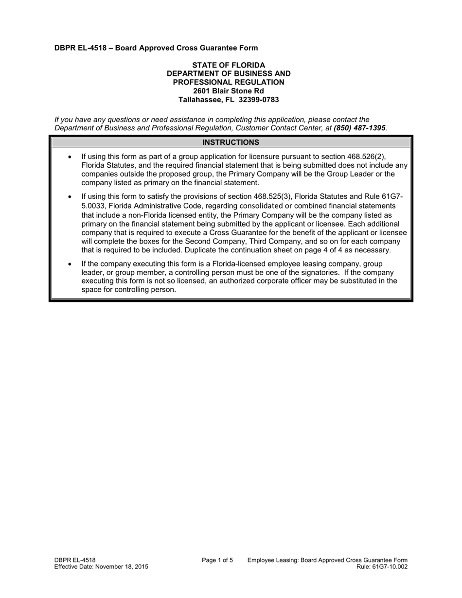 DBPR Form EL-4518 Board Approved Cross Guarantee Form - Florida, Page 1
