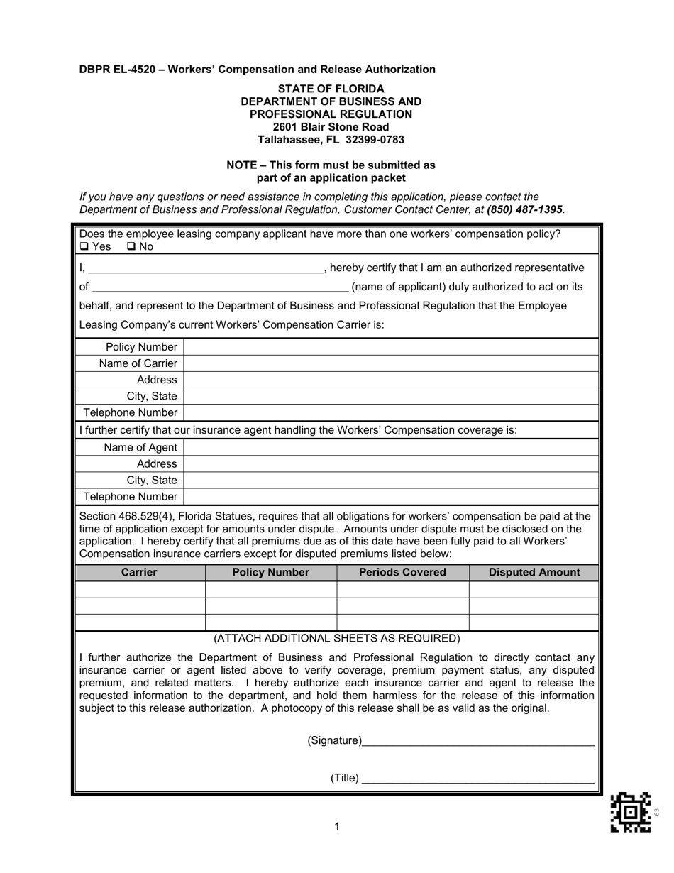 DBPR Form EL-4520 Workers Compensation and Release Authorization - Florida, Page 1