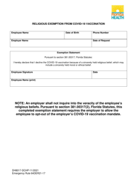 Document preview: Form DH8017 Religious Exemption From Covid-19 Vaccination - Florida