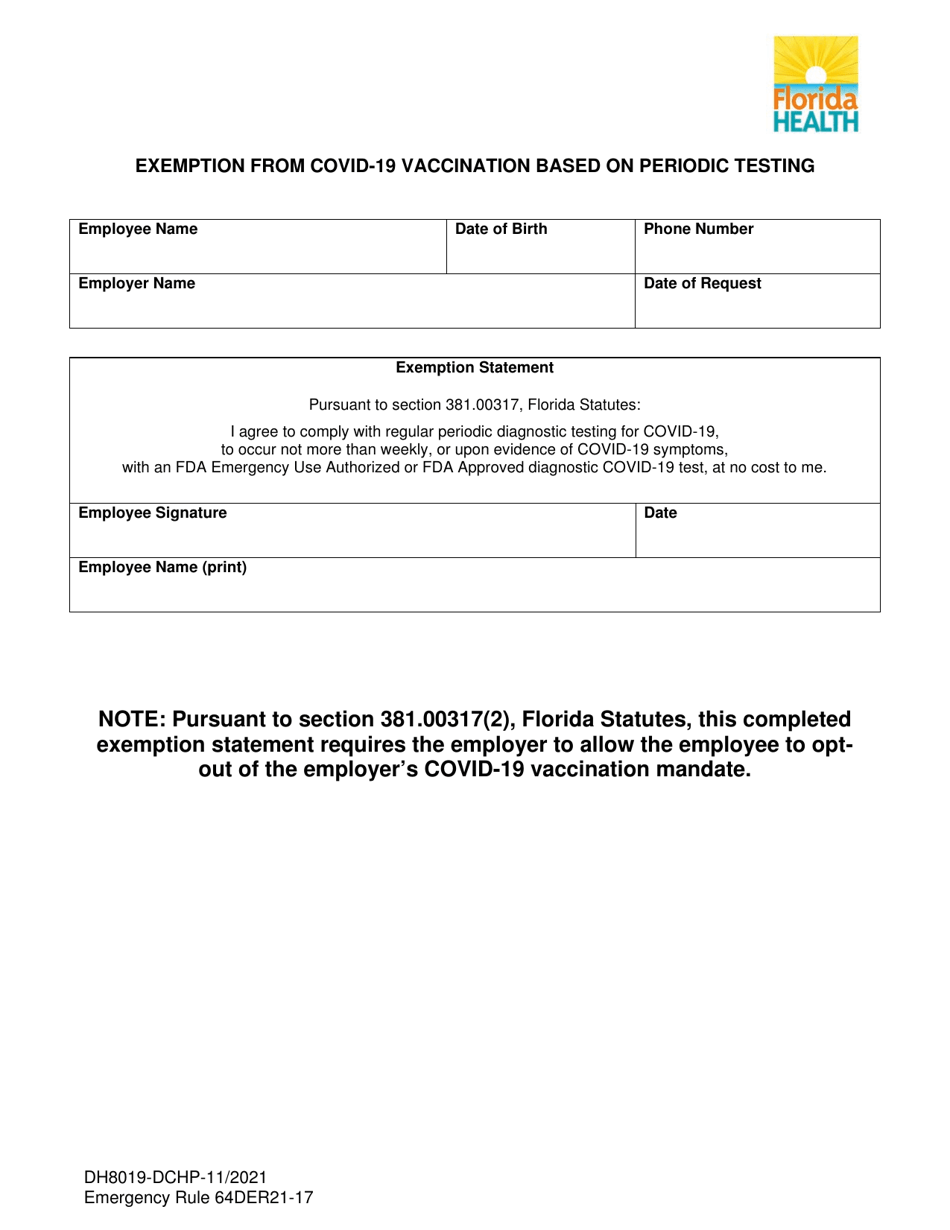 Form DH8019-DCHP Exemption From Covid-19 Vaccination Based on Periodic Testing - Florida, Page 1