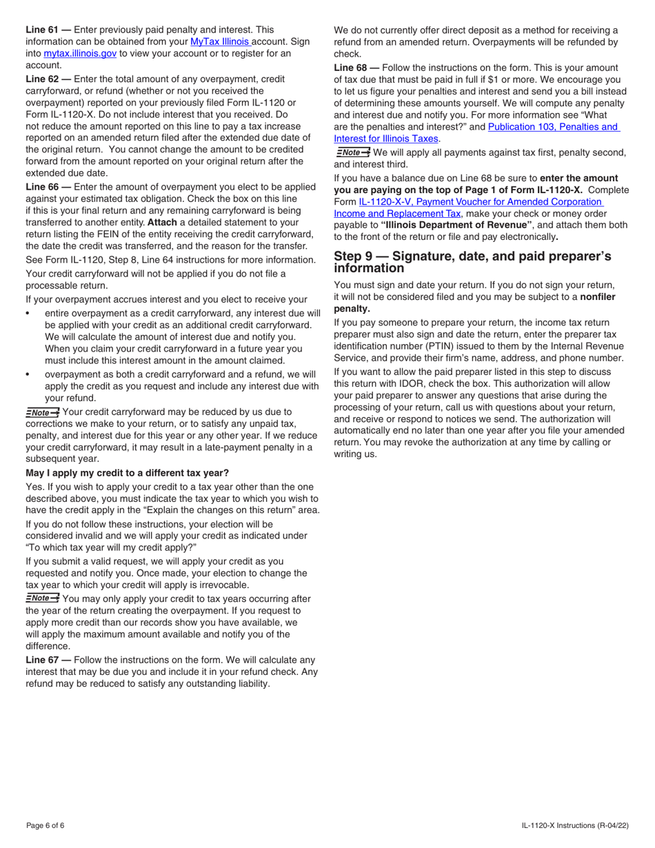 Instructions for Form IL-1120-X Amended Corporation Income and Replacement Tax Return - Illinois, Page 6
