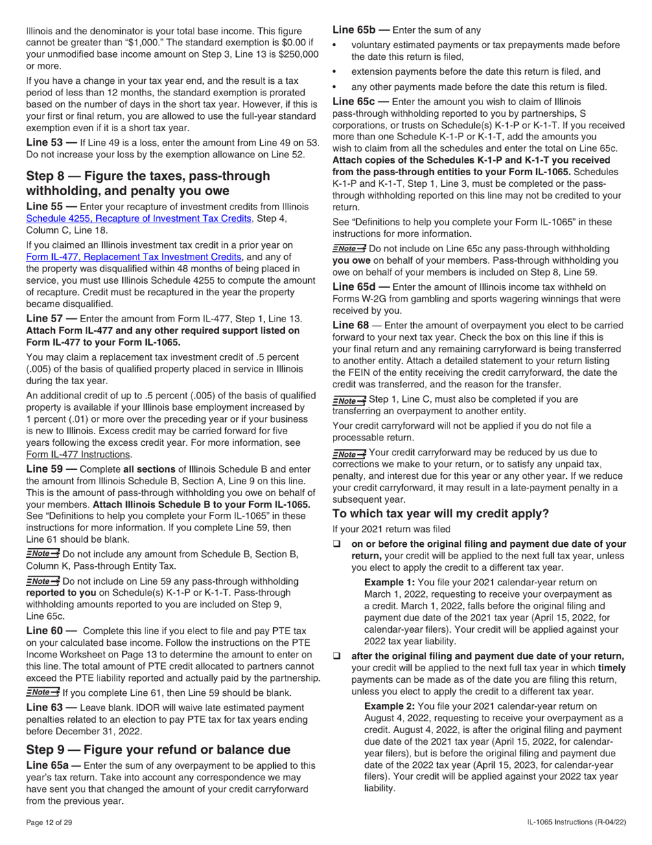 Instructions for Form IL-1065 Partnership Replacement Tax Return - Illinois, Page 12