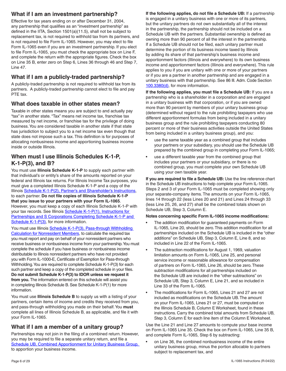 Instructions for Form IL-1065 Partnership Replacement Tax Return - Illinois, Page 6