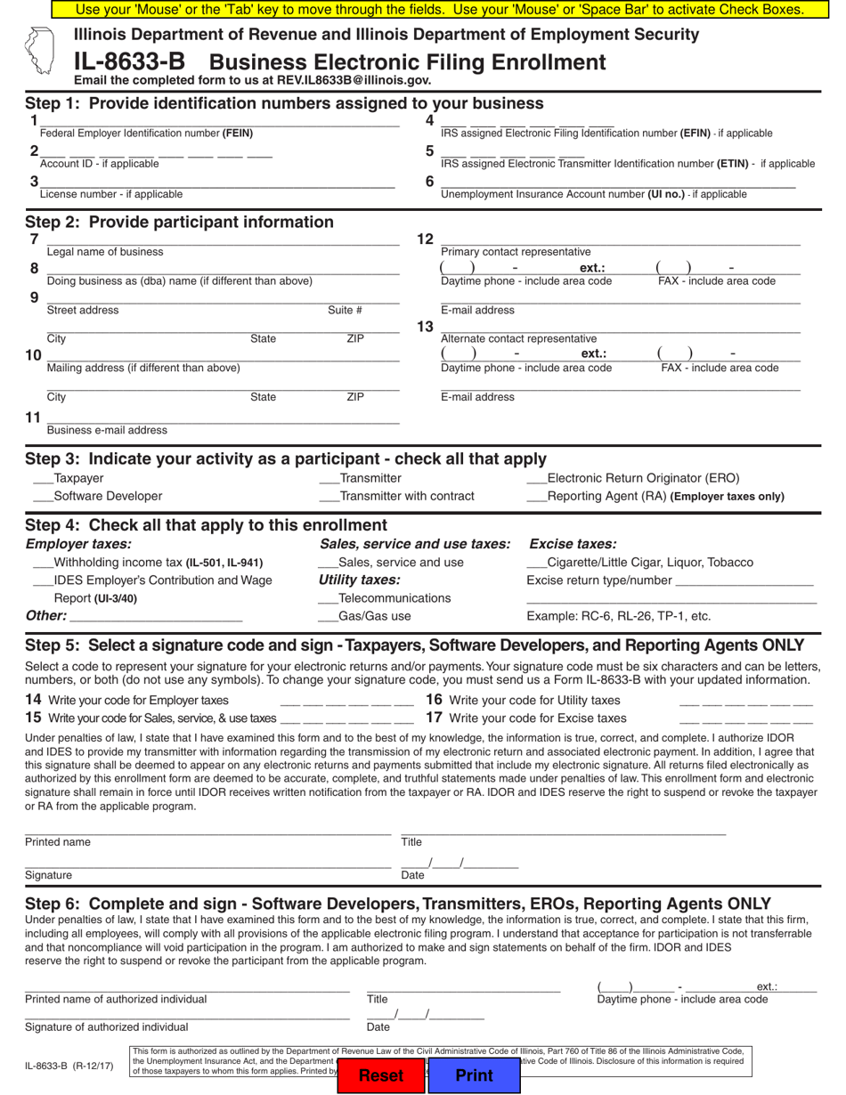 Form IL-8633-B Business Electronic Filing Enrollment - Illinois, Page 1