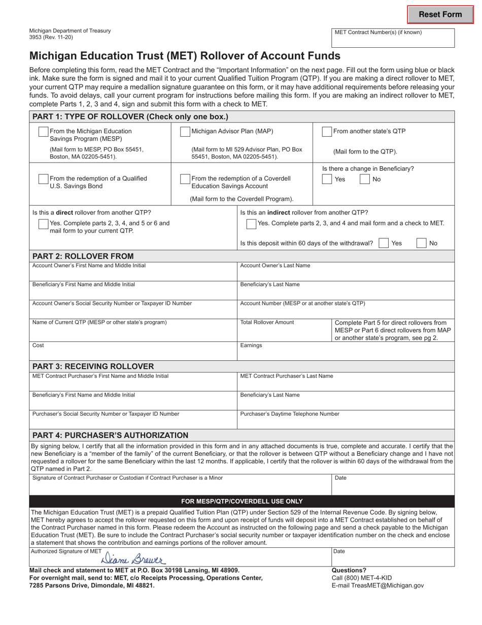 Form 3953 Michigan Education Trust (Met) Rollover of Account Funds - Michigan, Page 1