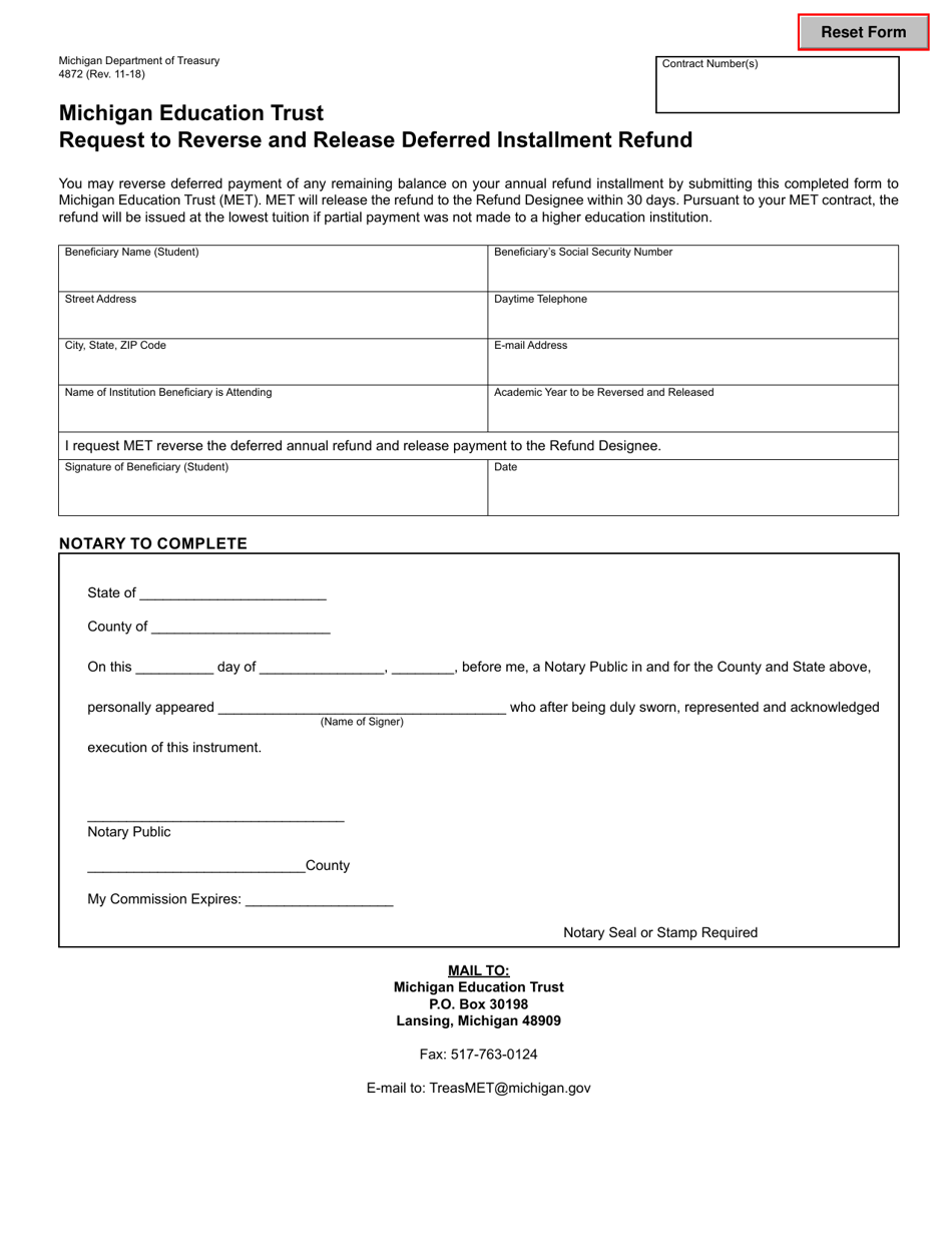 Form 4872 Michigan Education Trust Request to Reverse and Release Deferred Installment Refund - Michigan, Page 1