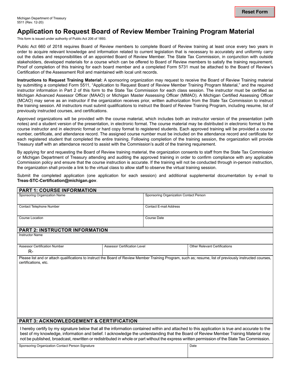 Form 5511 Application to Request Board of Review Member Training Program Material - Michigan, Page 1