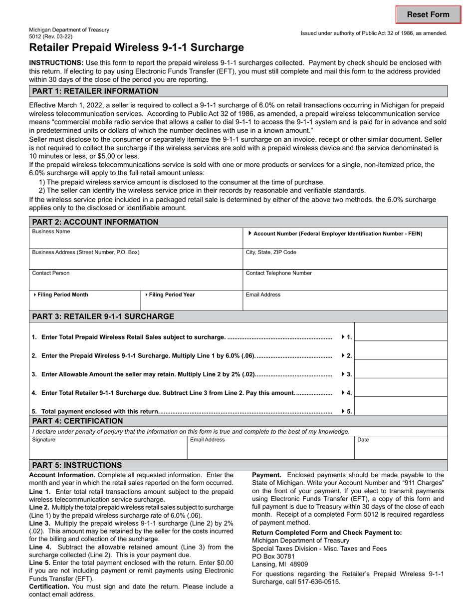 Form 5012 Retailer Prepaid Wireless 9-1-1 Surcharge - Michigan, Page 1