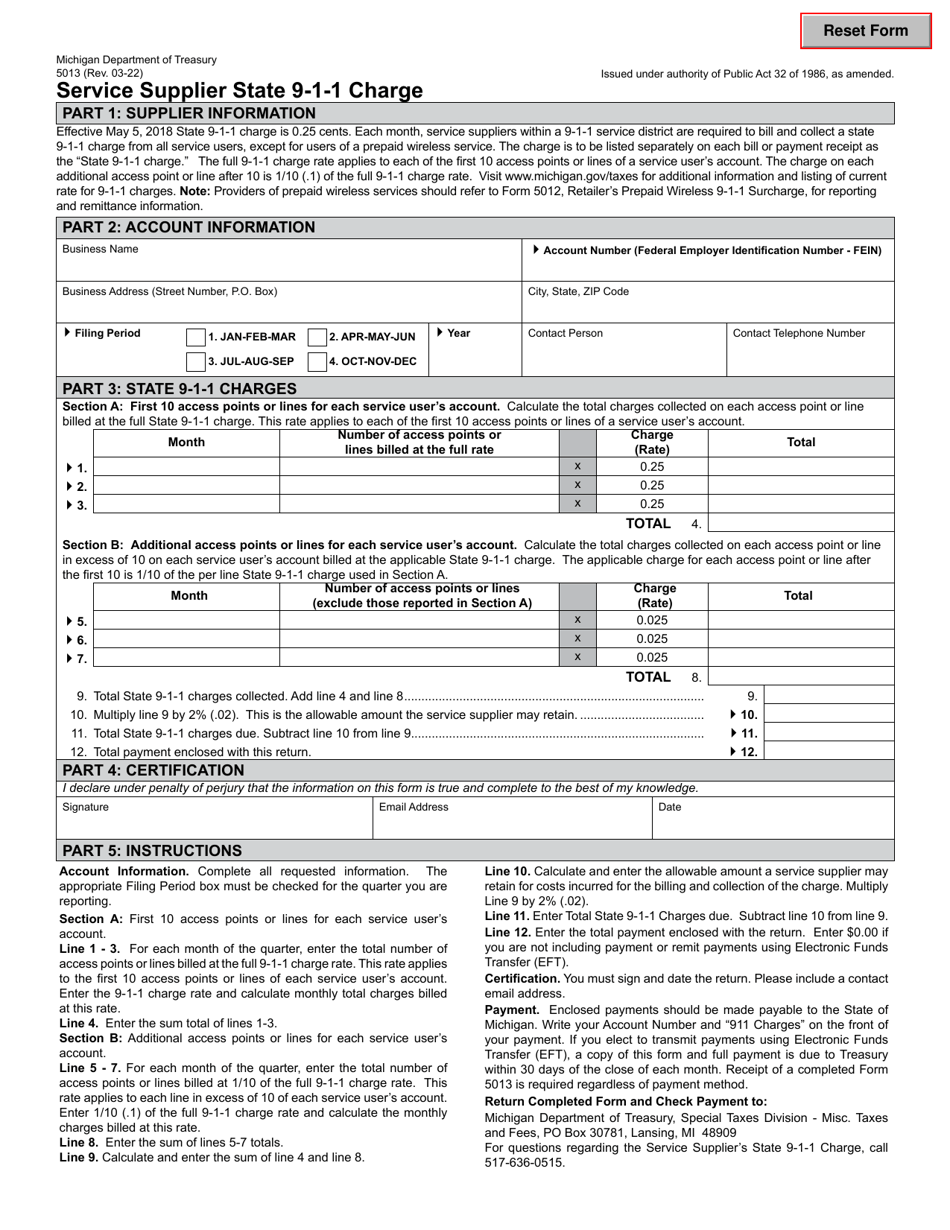 Form 5013 Service Supplier State 9-1-1 Charge - Michigan, Page 1