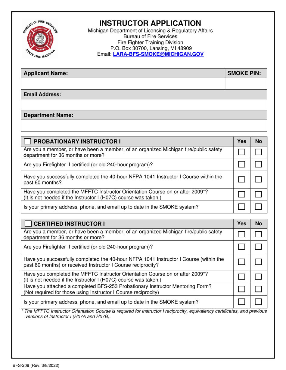 Form BFS-209 Instructor Application - Michigan, Page 1