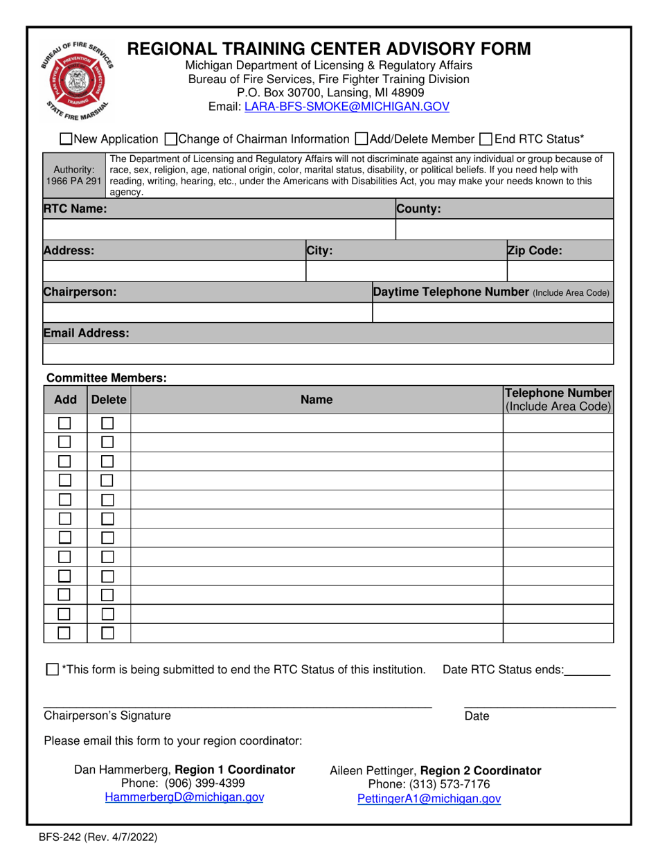 Form BFS-242 Regional Training Center Advisory Form - Michigan, Page 1