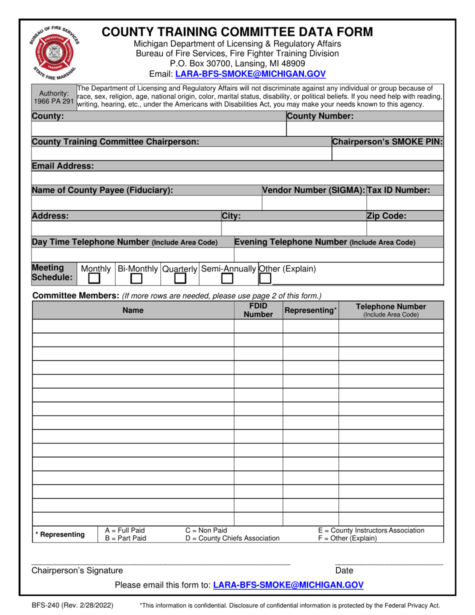 Form BFS-240 County Training Committee Data Form - Michigan, Page 1