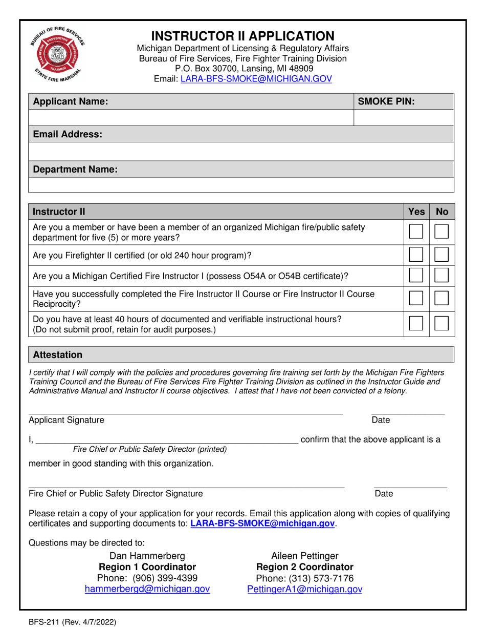 Form BFS-211 Instructor II Application - Michigan, Page 1