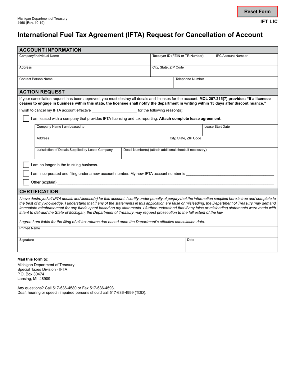 Form 4460 International Fuel Tax Agreement (Ifta) Request for Cancellation of Account - Michigan, Page 1