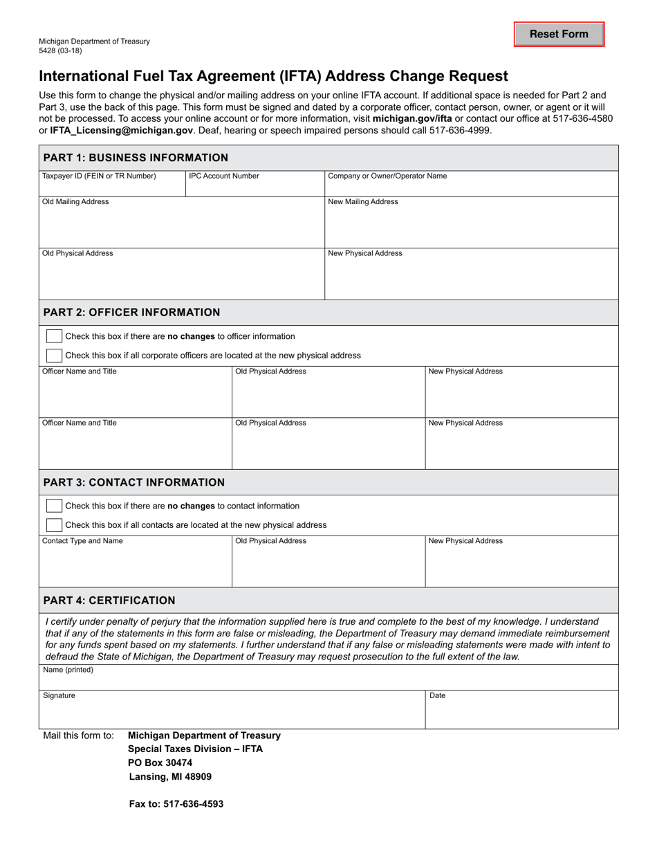 Form 5428 International Fuel Tax Agreement (Ifta) Address Change Request - Michigan, Page 1
