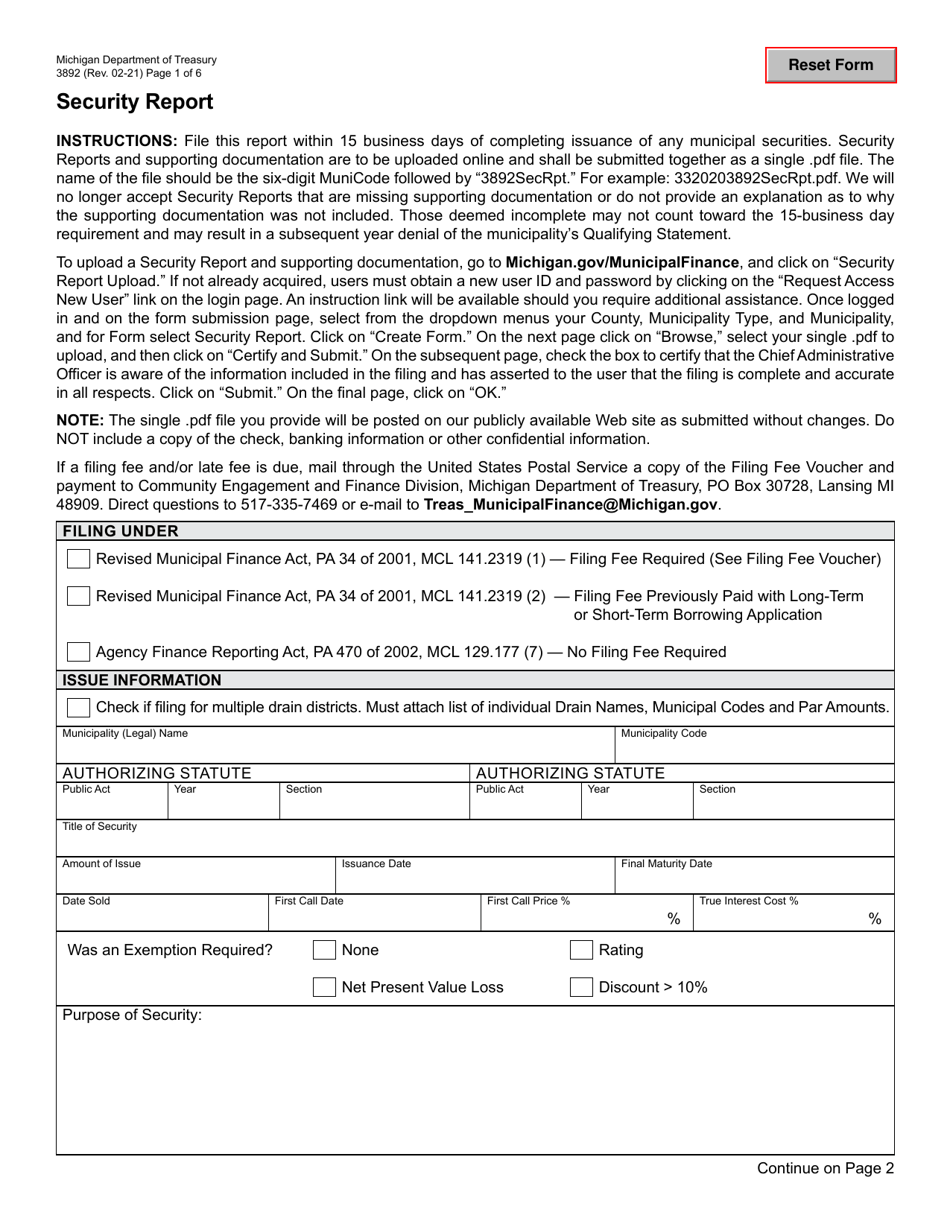 Form 3892 Security Report - Michigan, Page 1