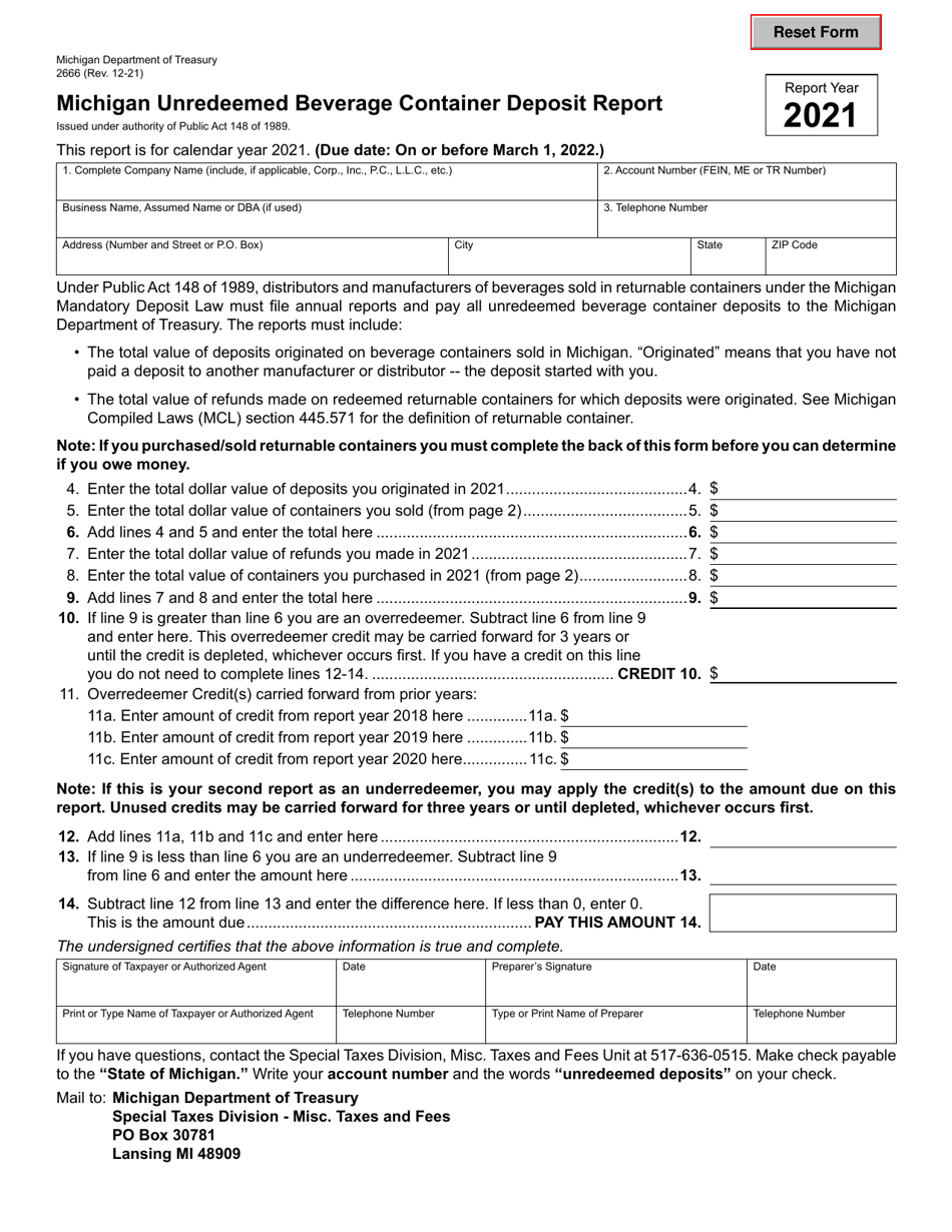 Form 2666 Michigan Unredeemed Beverage Container Deposit Report - Michigan, Page 1