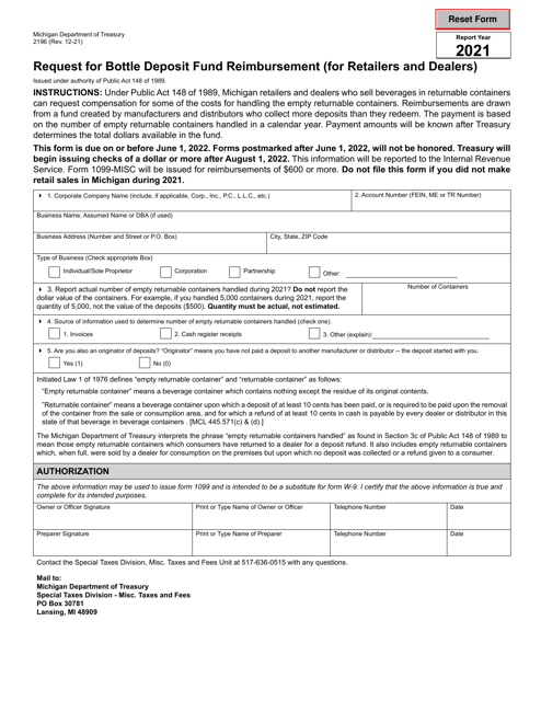 Form 2196 Request for Bottle Deposit Fund Reimbursement (For Retailers and Dealers) - Michigan, 2021