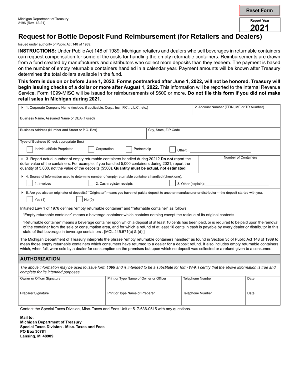 Form 2196 Request for Bottle Deposit Fund Reimbursement (For Retailers and Dealers) - Michigan, Page 1