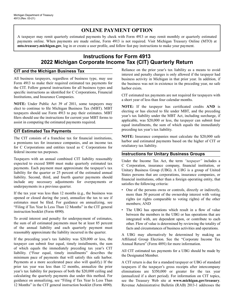 Form 4913 Michigan Corporate Income Tax Quarterly Return - Michigan, Page 2
