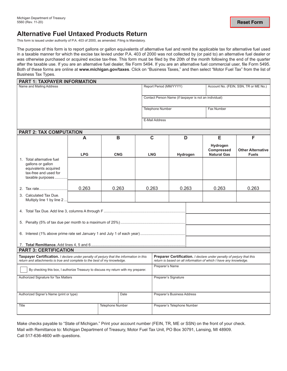 Form 5560 Alternative Fuel Untaxed Products Return - Michigan, Page 1