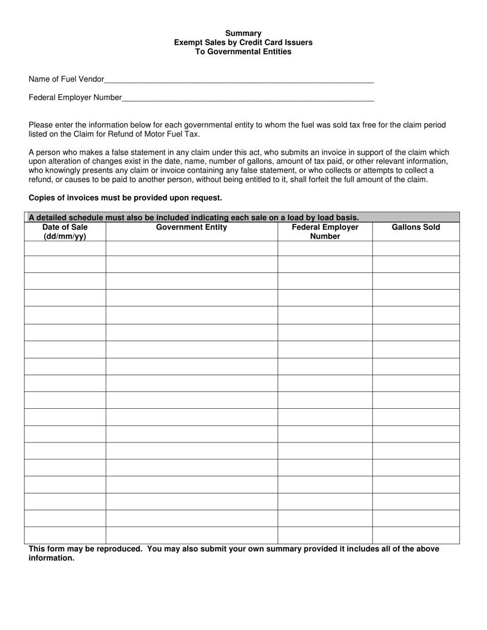 Michigan Summary of Exempt Sales by Credit Card Issuers to Governmental