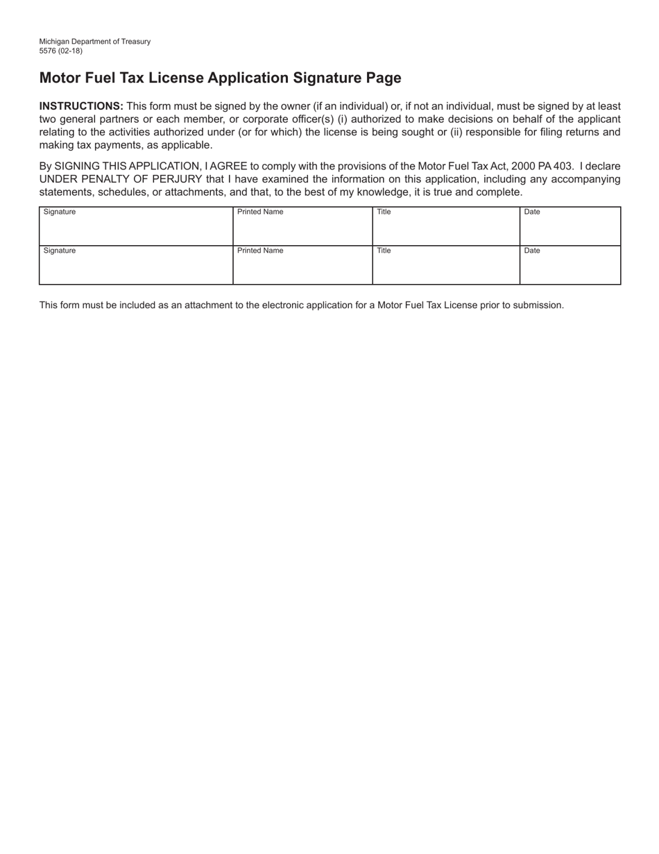 Form 5576 Motor Fuel Tax License Application Signature Page - Michigan, Page 1