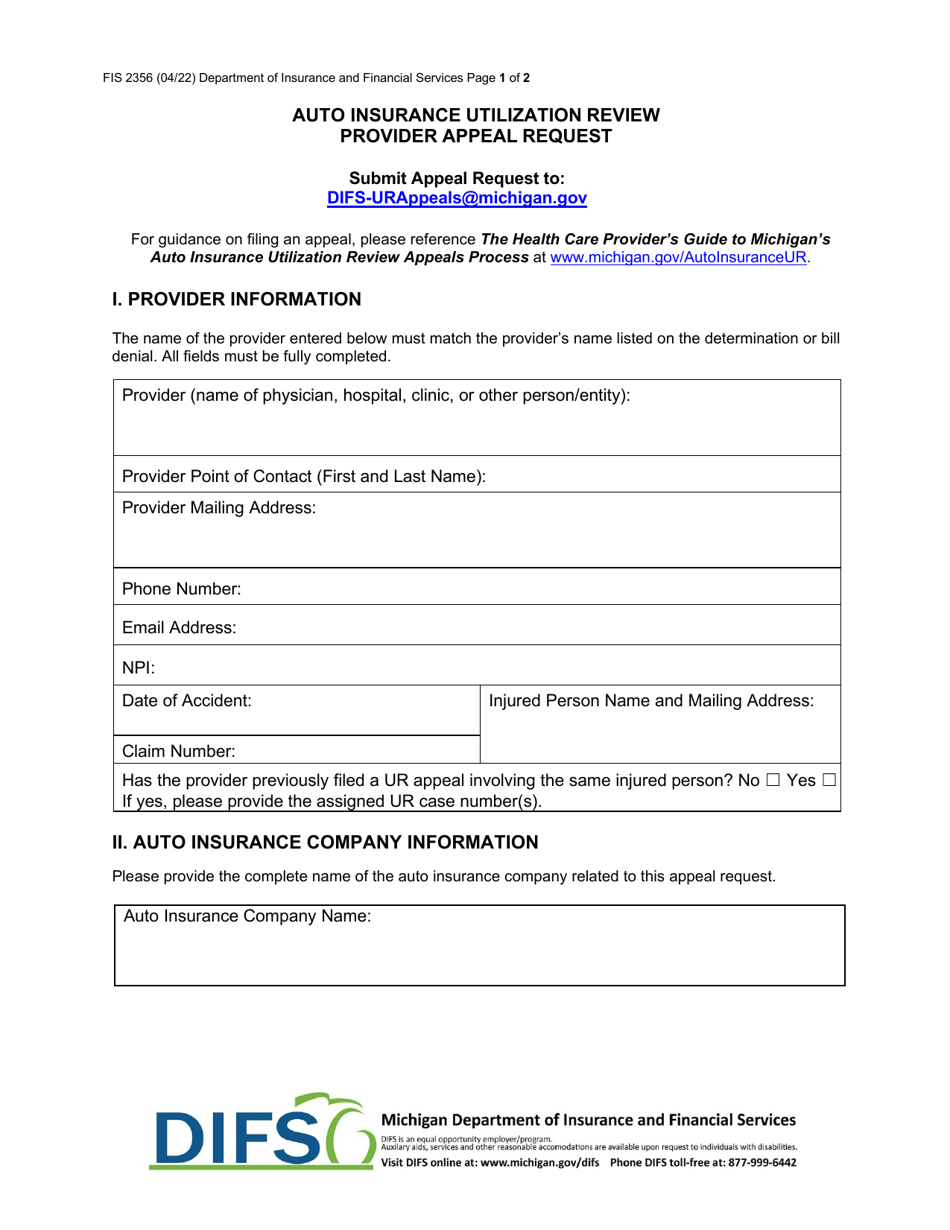Form FIS2356 Auto Insurance Utilization Review Provider Appeal Request - Michigan, Page 1