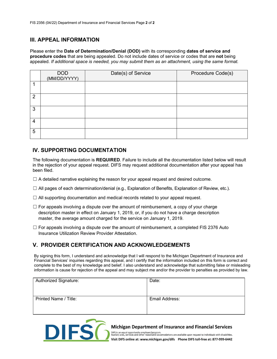 Form FIS2356 Auto Insurance Utilization Review Provider Appeal Request - Michigan, Page 2