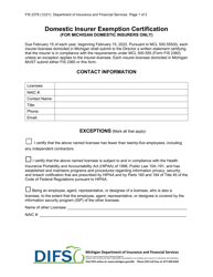 Form FIS2378 Domestic Insurer Exemption Certification - Michigan