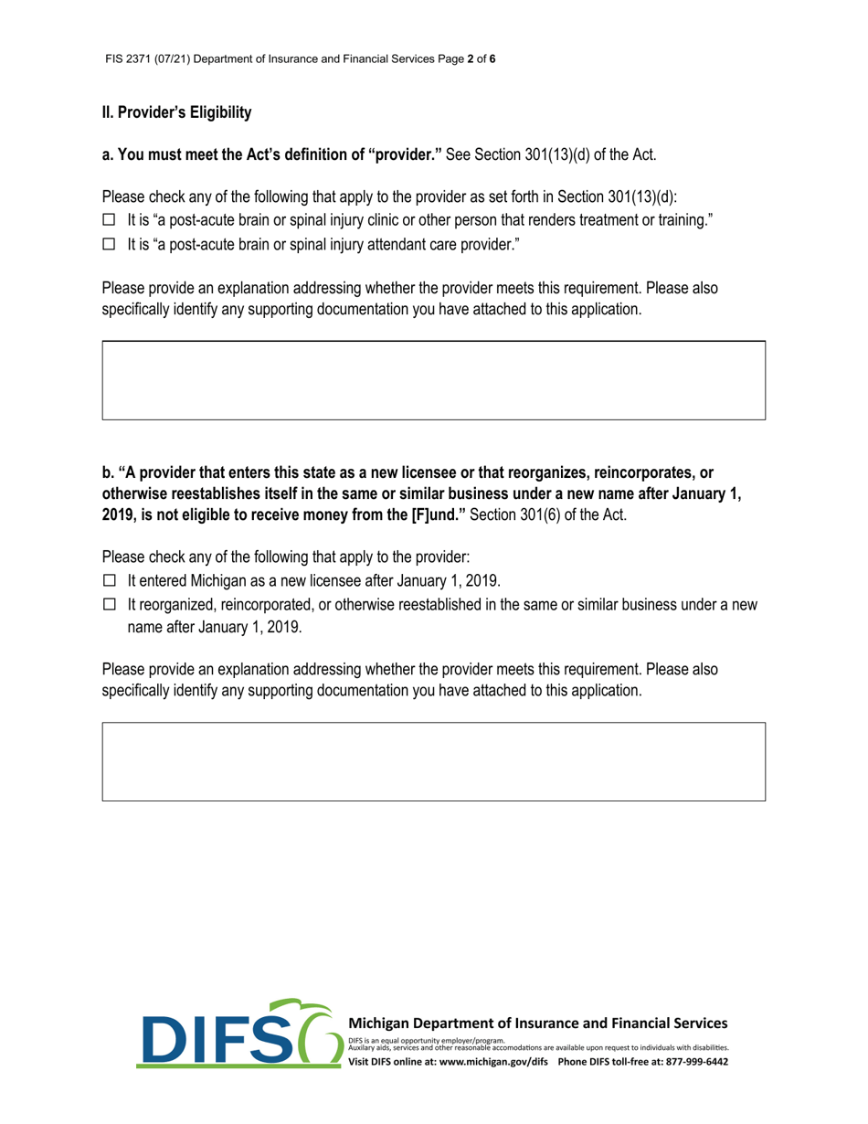Form FIS2371 Post-acute Auto Injury Provider Relief Fund Application for Distribution - Michigan, Page 2